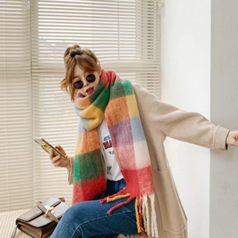 Female Korean Style Thickened Scarf Long Tassel Necks Warm Cashmere Scarf Thicker Versatile Four Color Gradient Tie Dye Scarf