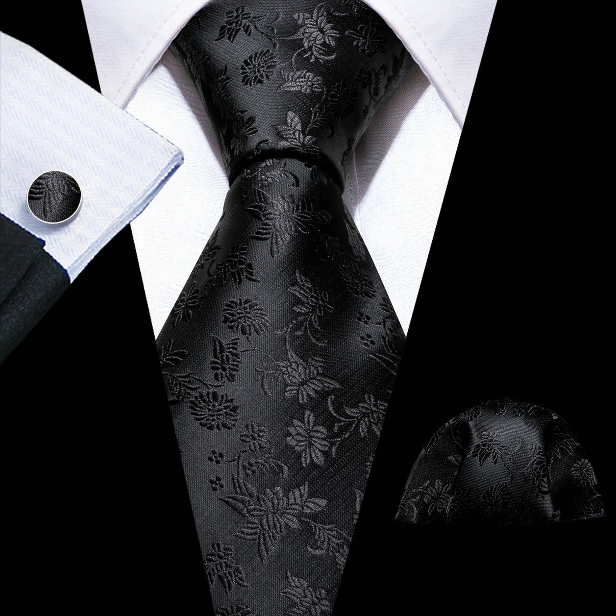 Cravates en soie noire pour hommes, classiques, solides, tissées de haute qualité, avec pochette et boutons de manchette, pour soirées formelles, design Barry.Wang