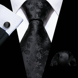 Cravates en soie noire pour hommes, classiques, solides, tissées de haute qualité, avec pochette et boutons de manchette, pour soirées formelles, design Barry.Wang