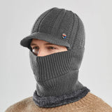 Fashion Flat Brim Men's Solid Colour Hat Winter Warm Woolen Ski Warm Hat Ear Plugs Windproof Scarf and Mask in one Knitted Cap