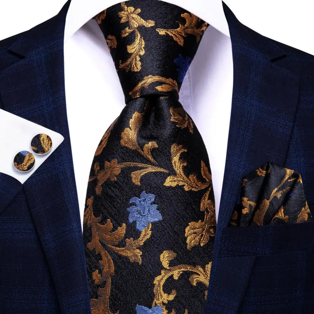 Cravate élégante pour homme, motif cachemire, rayures noires et dorées, en soie, pour mariage, mouchoir, boutons de manchette, pour entreprise, fête, livraison directe
