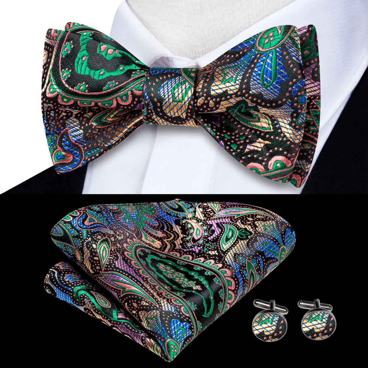 Hi-Tie Ensemble nœud papillon en soie pour homme, mouchoir et boutons de manchette, bleu, rouge, or, noir, blanc, jacquard, nœud papillon, mariage, affaires