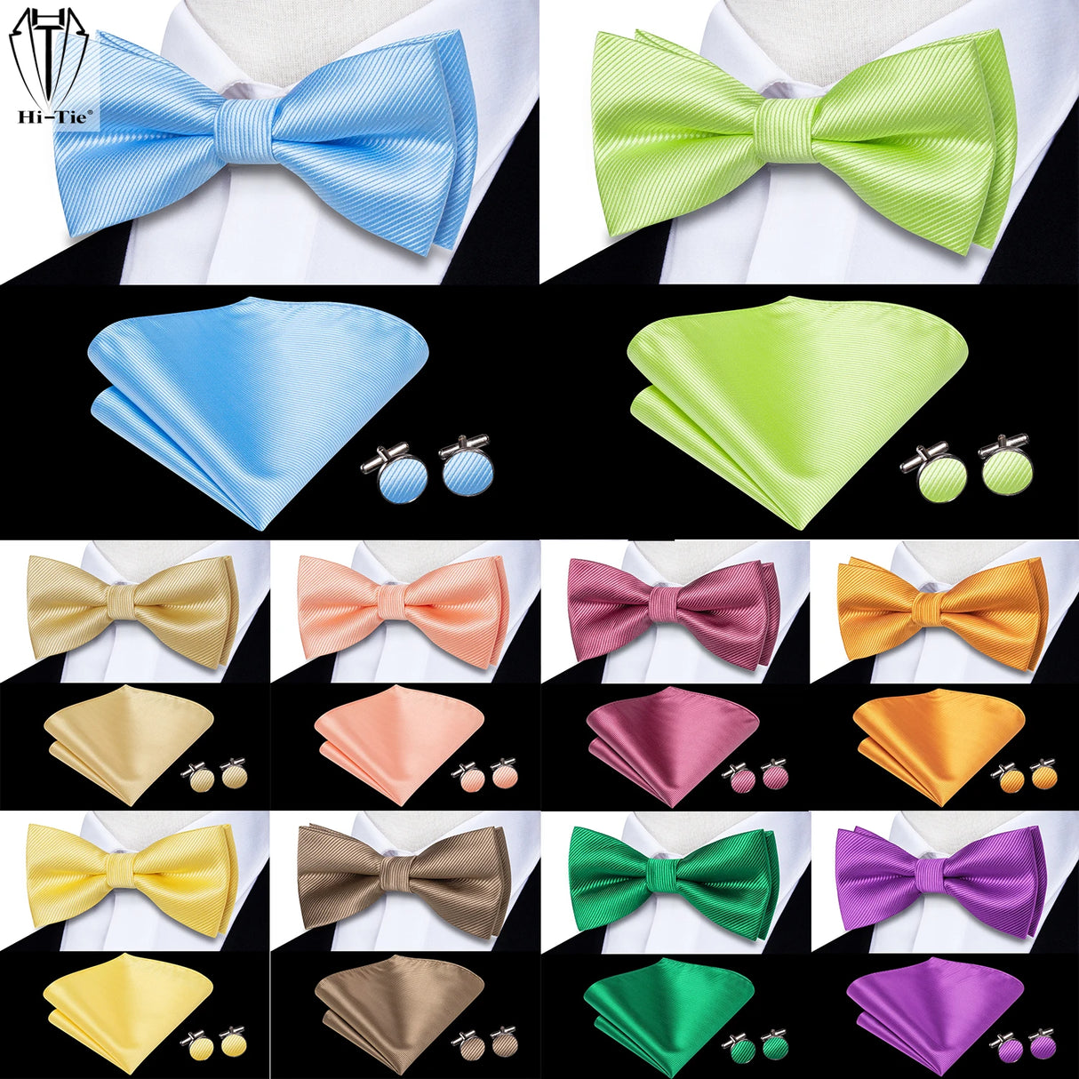 Hi-Tie Jacquard Silk Nœud papillon pour homme, ensemble de boutons de manchette et mouchoir, nœud papillon pré-noué, noir, blanc, gris, bleu, rouge, vert, rose, violet