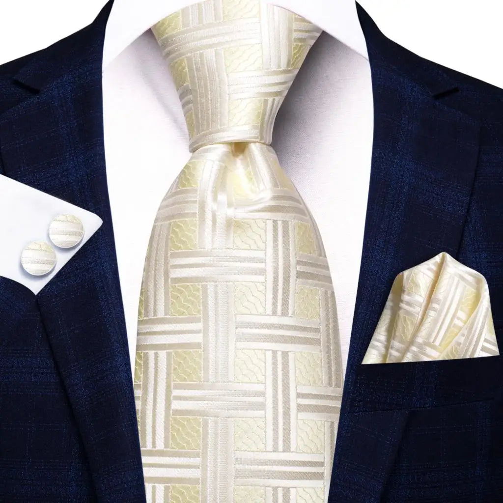 Hi-Tie Cravate de mariage en soie à motif floral, couleur champagne ivoire massif, pour homme, de qualité, avec boutons de manchette, tendance, pour entreprise, livraison directe