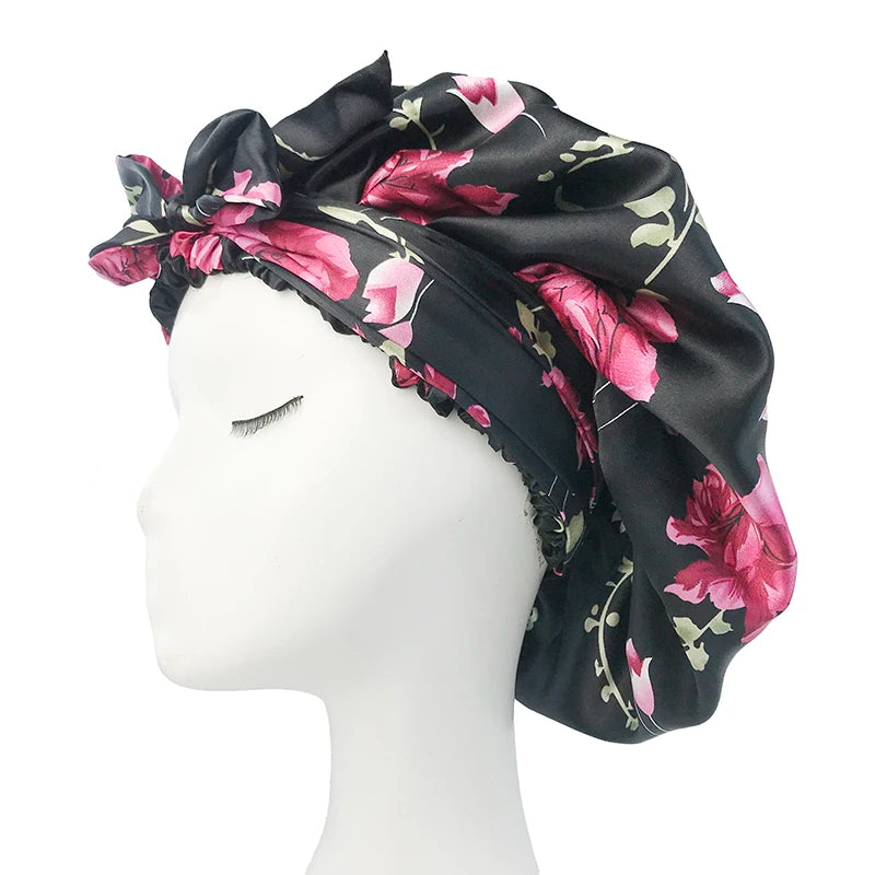 Bonnet en satin doux et soyeux pour femme, grand bonnet de nuit avec long ruban de satin, bandeau large et réglable