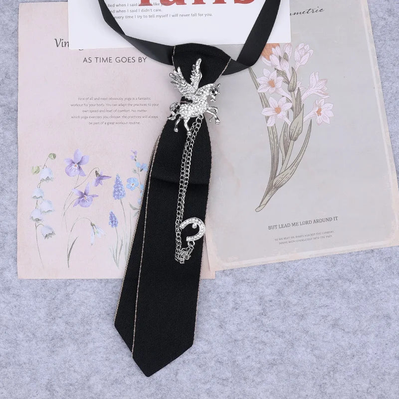 Cravate en ruban noir faite à la main, bijoux en strass cristal, chemises blanches pour hommes, étudiantes, garçons, col, cravates, uniformes, femmes