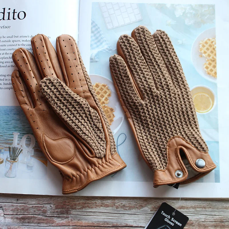 Gants de conduite antidérapants en cuir pour hommes, gants de moto tricotés en peau de mouton pour écran tactile