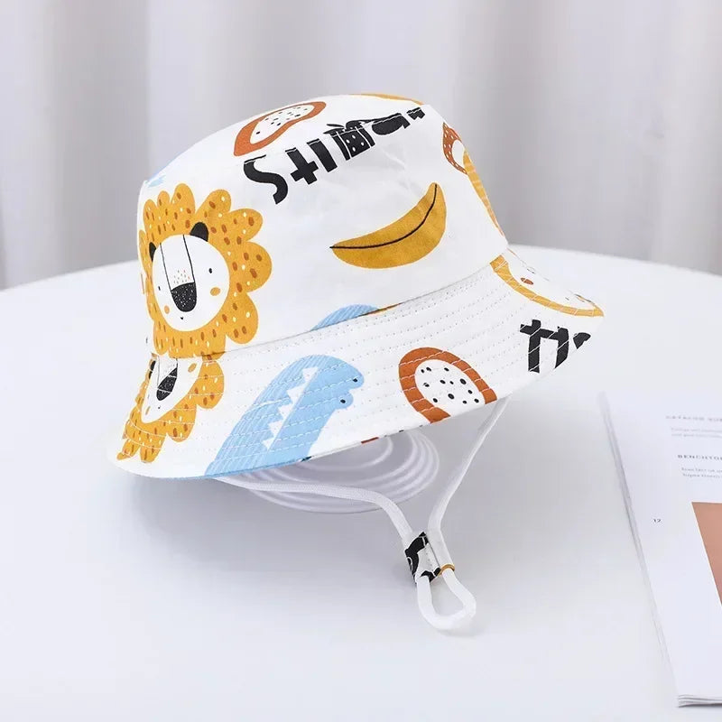 1-5 Years Cartoon Printing Baby Bucket Hat Cotton Breathable Kids Fisherman Hat Infant Toddle Sun Hat with Drawstring Baby Cap