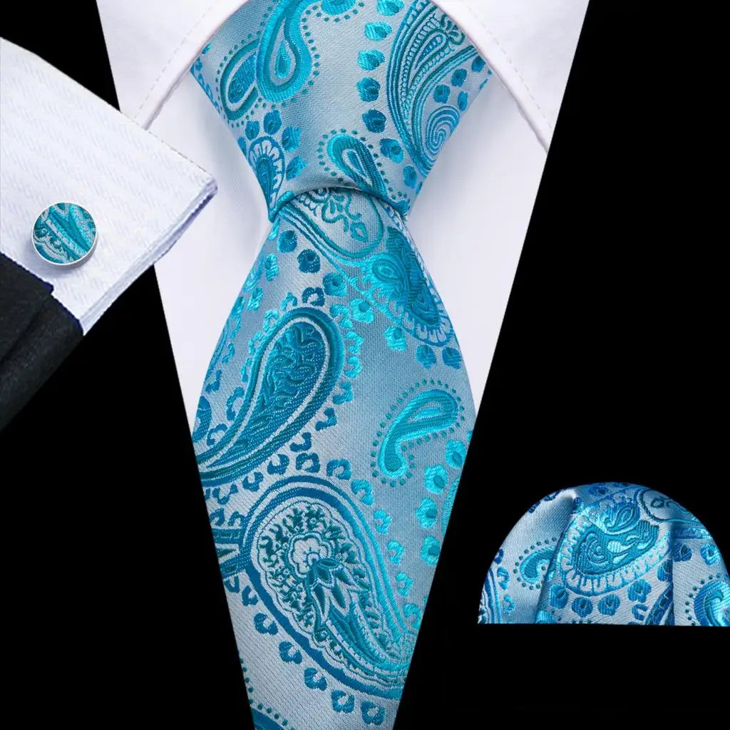 Cravate fantaisie en soie bleu sarcelle pour homme, marque de luxe solide, pochette, boutons de manchette, ensemble de cravates de haute qualité pour fête de mariage Barry.Wang