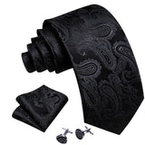 Cravates en soie noire pour hommes, classiques, solides, tissées de haute qualité, avec pochette et boutons de manchette, pour soirées formelles, design Barry.Wang