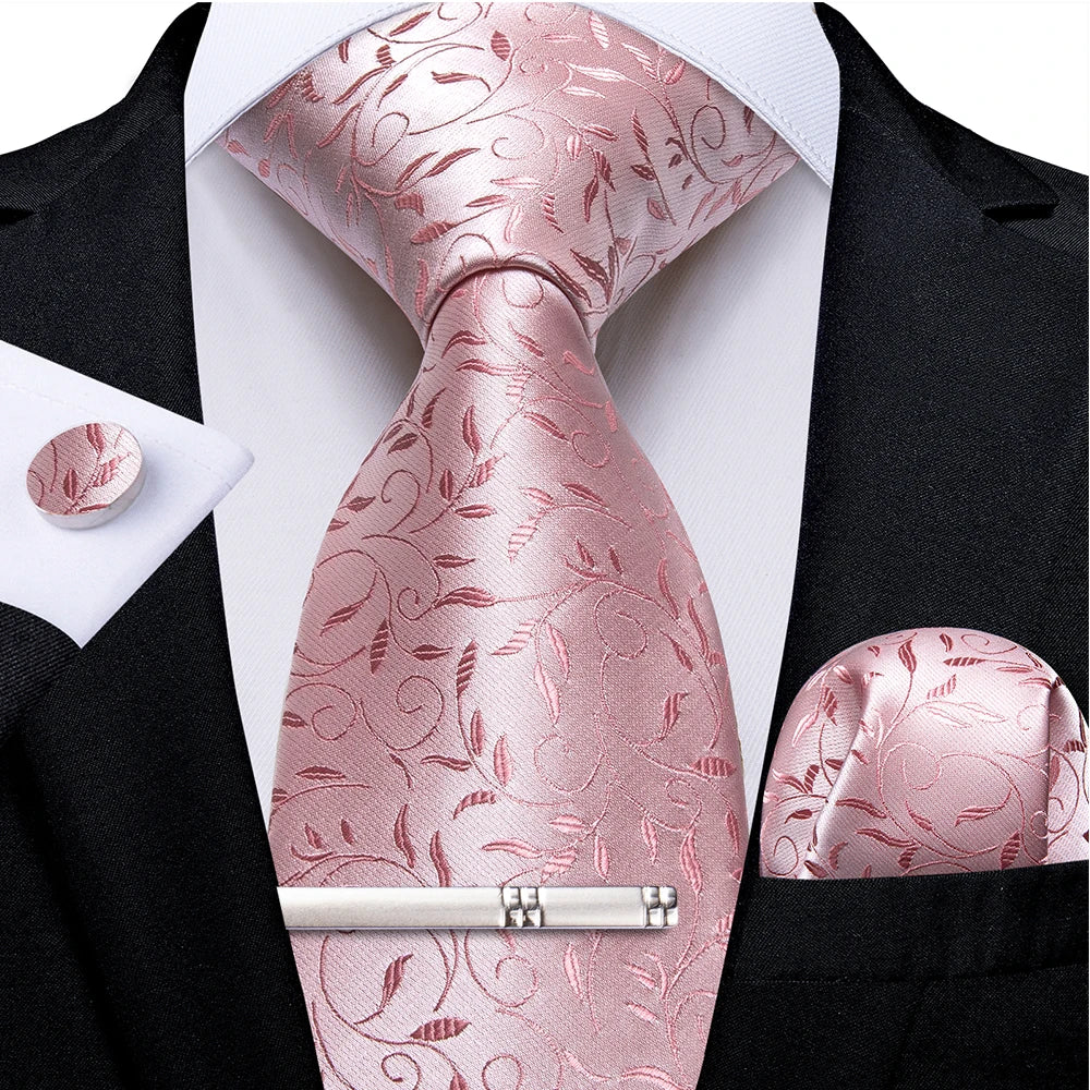 Ensemble cravate homme en soie à rayures roses, motif floral, motif cachemire uni, 8 cm, mouchoir, boutons de manchette, accessoires de mariage, de bal, cravate