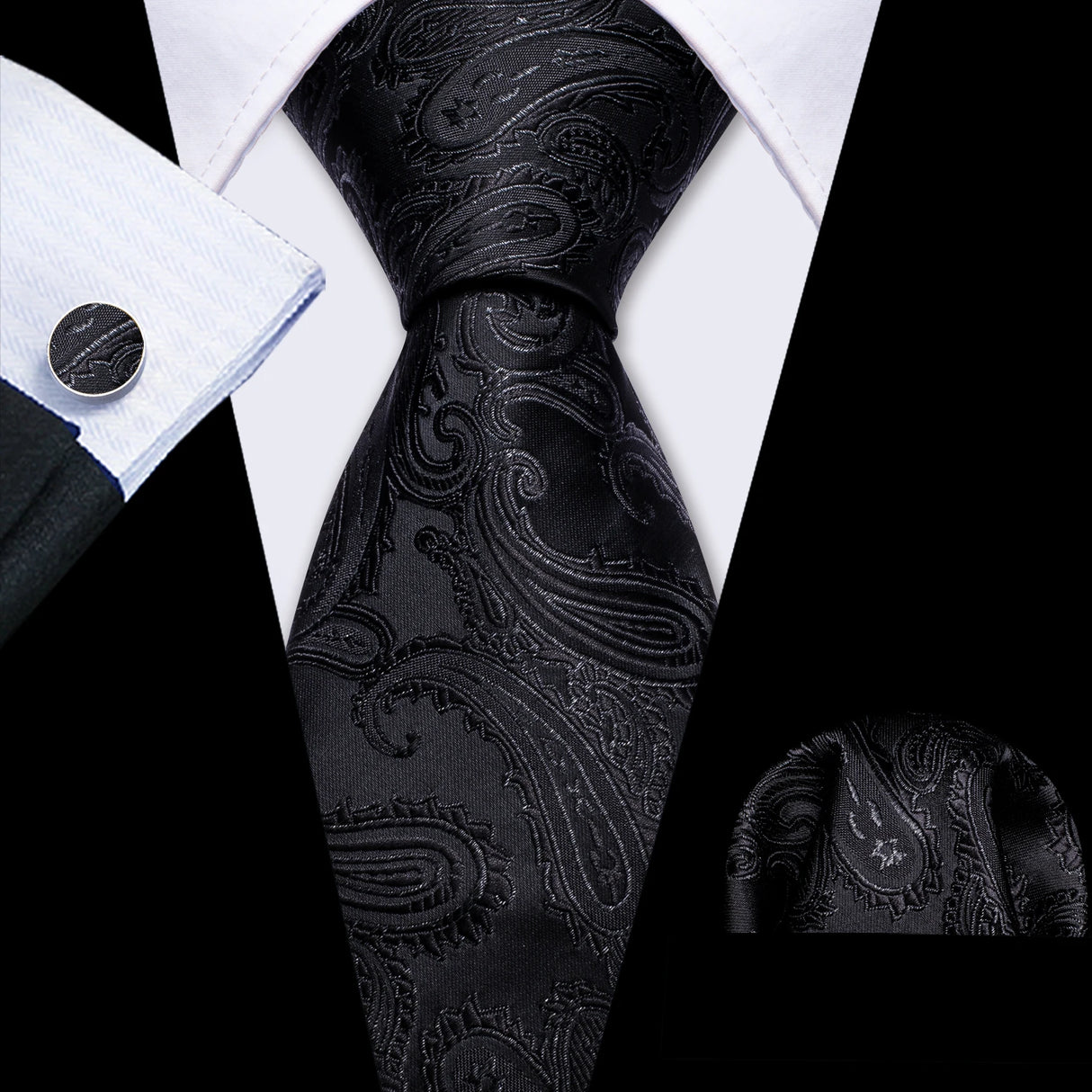 Cravates en soie noire pour hommes, classiques, solides, tissées de haute qualité, avec pochette et boutons de manchette, pour soirées formelles, design Barry.Wang