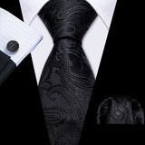 Cravates en soie noire pour hommes, classiques, solides, tissées de haute qualité, avec pochette et boutons de manchette, pour soirées formelles, design Barry.Wang