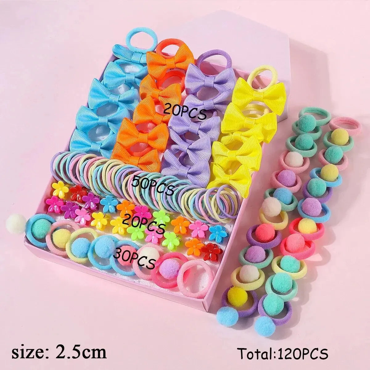 Ensemble de 120 accessoires pour cheveux pour filles, élastiques à cheveux colorés avec nœud papillon, pour queue de cheval