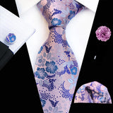 Ensemble de cravates en soie rose floral pour hommes, ensemble de cravates de fête de mariage, mouchoir, broche, boutons de manchette, accessoires pour hommes de haute qualité Gravata