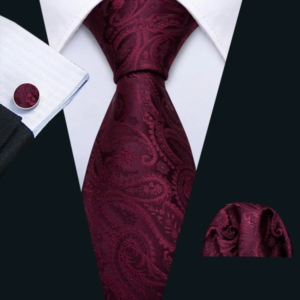 Barry.Wang Ensemble cravate et boutons de manchette en soie pour homme, motif jacquard, rouge, bordeaux, rose, pour mariage, affaires, fête