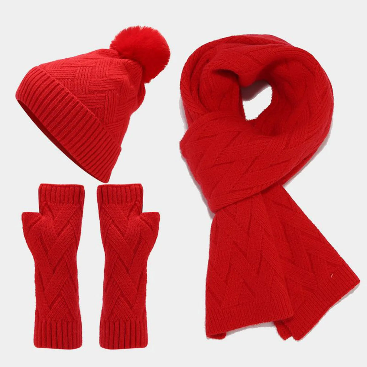 Ensemble bonnet, écharpe et gants en laine pour femme et homme, automne et hiver, chaud, ample, trois pièces, bonnet, écharpe et gants en tricot, pour adolescentes