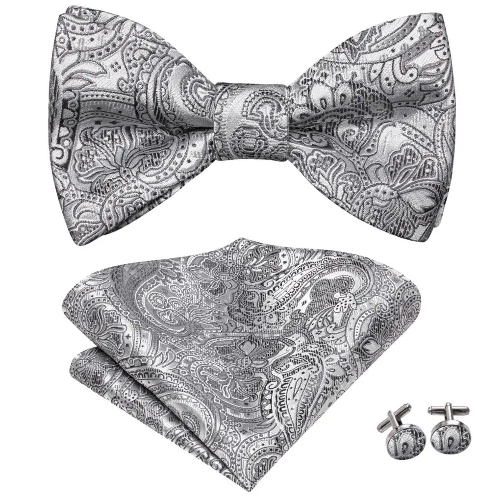 Hi-Tie Ensemble nœud papillon en soie pour homme, mouchoir et boutons de manchette, bleu, rouge, or, noir, blanc, jacquard, nœud papillon, mariage, affaires