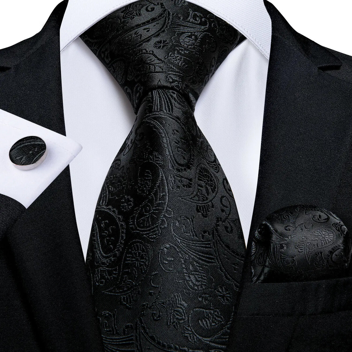 Cravates en soie noire pour hommes, classiques, solides, tissées de haute qualité, avec pochette et boutons de manchette, pour soirées formelles, design Barry.Wang