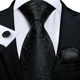 Cravates en soie noire pour hommes, classiques, solides, tissées de haute qualité, avec pochette et boutons de manchette, pour soirées formelles, design Barry.Wang