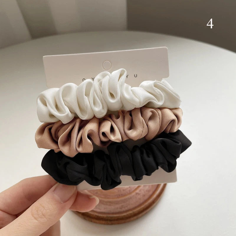 Lot de 3 élastiques à cheveux en soie faits à la main, en satin soyeux, pour queue de cheval, couleur café noir et blanc