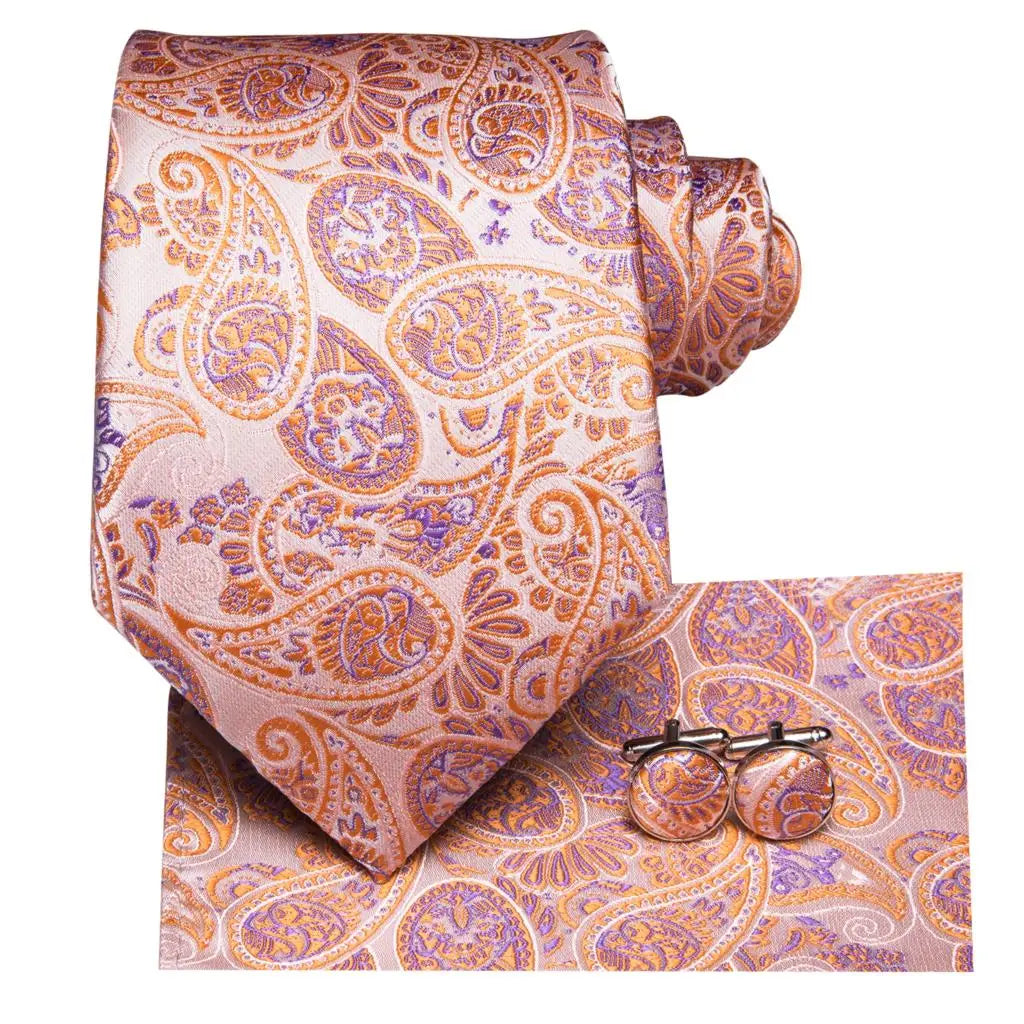 Cravate de mariage en soie à motif cachemire orange et argent pour homme, style créateur, avec boutons de manchette, style tendance, pour soirées d'affaires, livraison directe