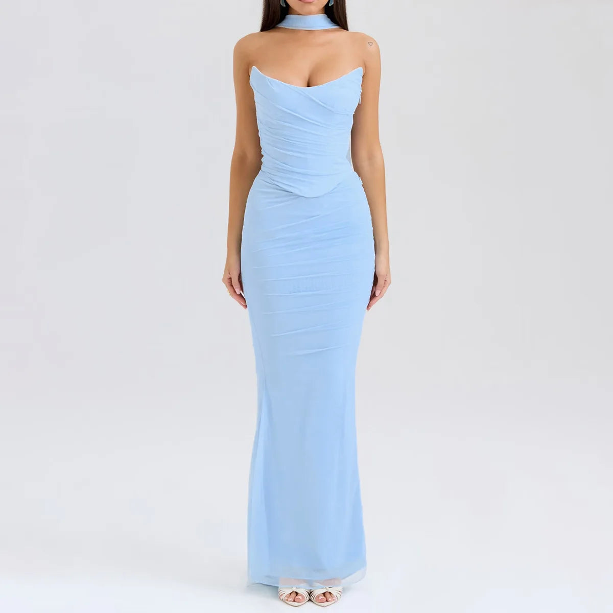 Suninheart Elegant 2 Pieces Dress Set with Scarf Women Fashion Matching Sets Sexy Cropped Top and Long Dress Set Casual Dress