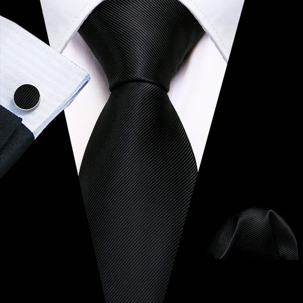 Cravates en soie noire pour hommes, classiques, solides, tissées de haute qualité, avec pochette et boutons de manchette, pour soirées formelles, design Barry.Wang