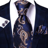 Hi-Tie Men's Tie Set Gold Paisley 100% Silk 8.5cm Wedding Ties For Men New Fashion Design Hanky Cufflinks Set Quality Necktie