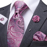 Cravate rose cachemire avec broche en soie, élégante cravate de mariage pour homme, bouton de manchette pratique, mode affaires fête, créateur de cravate haute