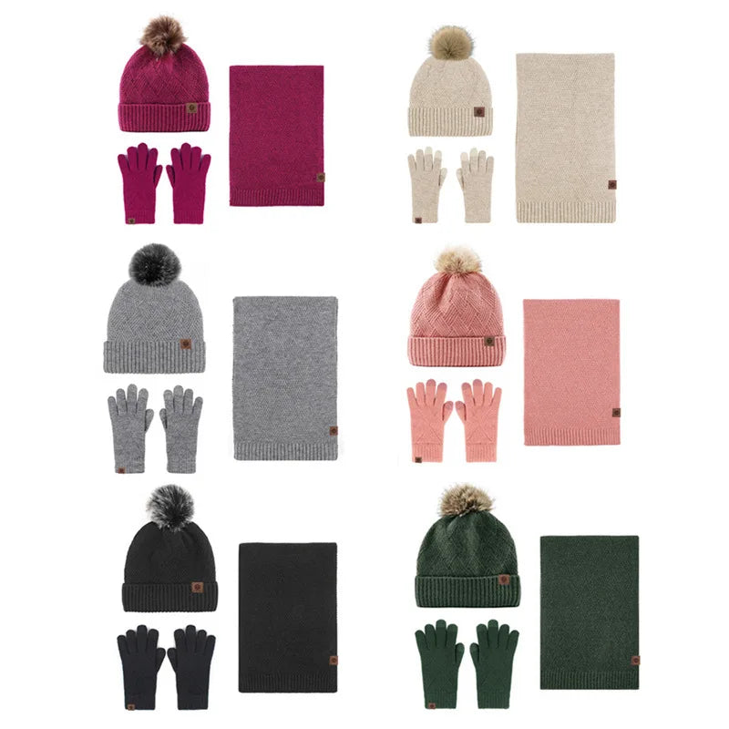 Ensemble bonnet, écharpe et gants chauds en laine de couleur unie, trois pièces pour hommes et femmes, automne-hiver, vent froid, boule de laine rembourrée, tricot doux