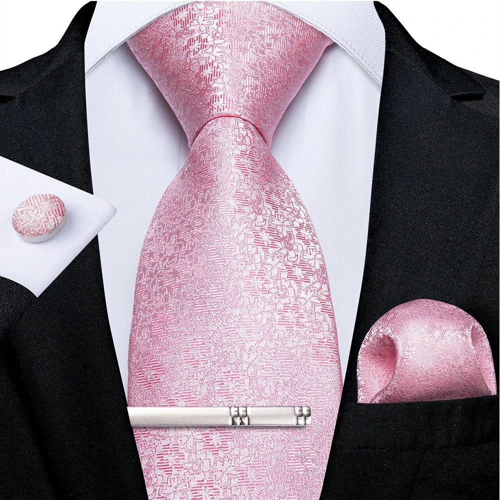 Ensemble cravate homme en soie à rayures roses, motif floral, motif cachemire uni, 8 cm, mouchoir, boutons de manchette, accessoires de mariage, de bal, cravate