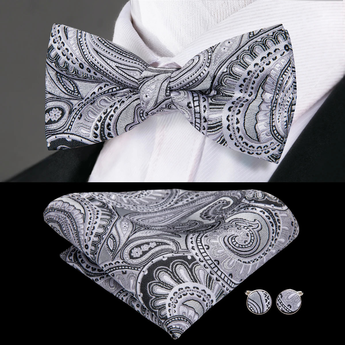 Hi-Tie Marque Soie Pré-noué Homme Nœud Papillon Mouchoir Boutons de Manchette Ensemble Nœud Papillon pour Homme Jacquard Solide Cachemire Floral Mariage Cadeau d'Affaires