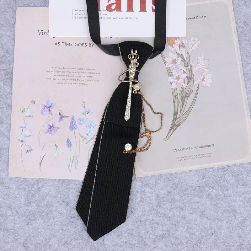 Cravate en ruban noir faite à la main, bijoux en strass cristal, chemises blanches pour hommes, étudiantes, garçons, col, cravates, uniformes, femmes