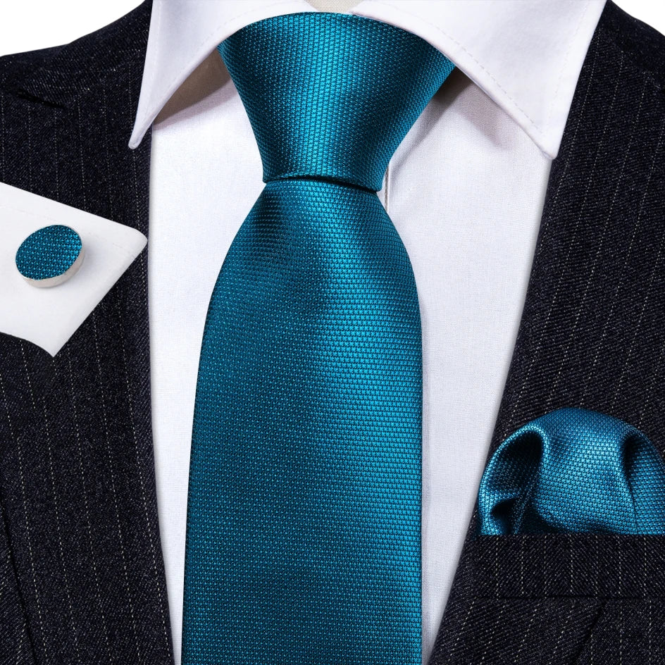 Cravate fantaisie en soie bleu sarcelle pour homme, marque de luxe solide, pochette, boutons de manchette, ensemble de cravates de haute qualité pour fête de mariage Barry.Wang
