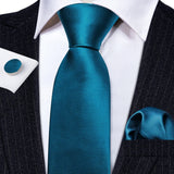 Cravate fantaisie en soie bleu sarcelle pour homme, marque de luxe solide, pochette, boutons de manchette, ensemble de cravates de haute qualité pour fête de mariage Barry.Wang
