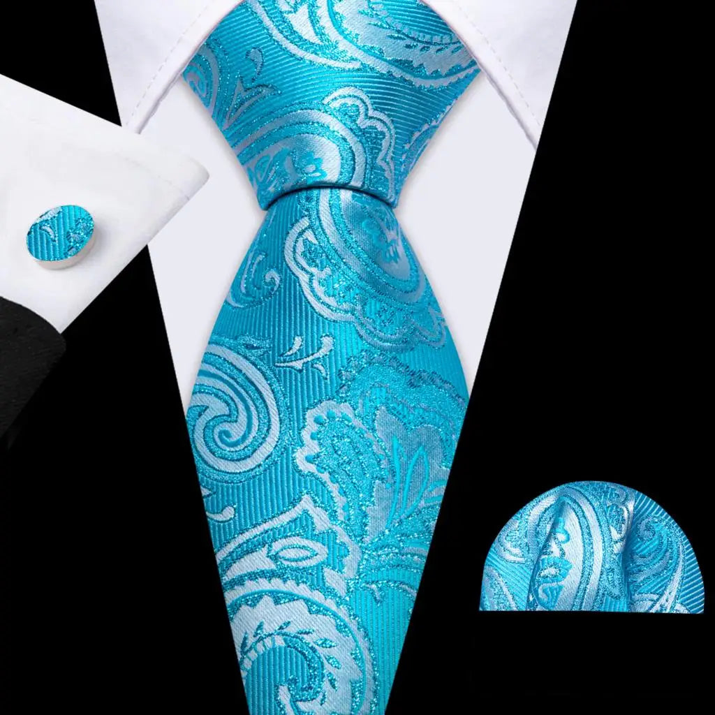 Cravate fantaisie en soie bleu sarcelle pour homme, marque de luxe solide, pochette, boutons de manchette, ensemble de cravates de haute qualité pour fête de mariage Barry.Wang
