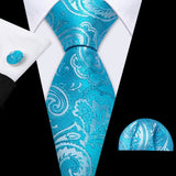 Cravate fantaisie en soie bleu sarcelle pour homme, marque de luxe solide, pochette, boutons de manchette, ensemble de cravates de haute qualité pour fête de mariage Barry.Wang