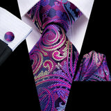 Hi-Tie – Cravate de mariage en soie violette unie à motif cachemire pour homme, ensemble de qualité avec boutons de manchette et mouchoir, cadeau tendance, livraison directe
