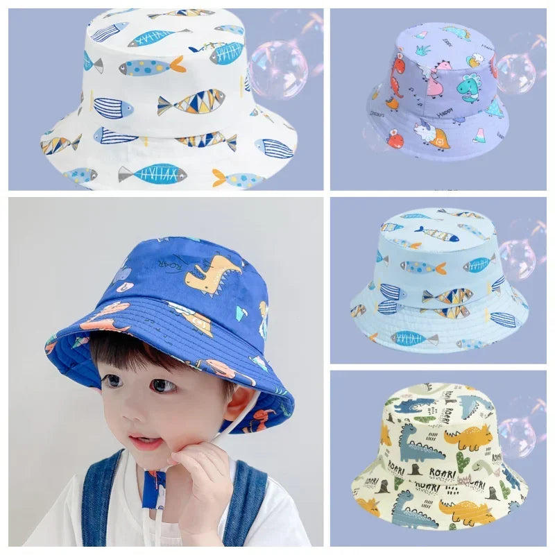 1-5 Years Cartoon Printing Baby Bucket Hat Cotton Breathable Kids Fisherman Hat Infant Toddle Sun Hat with Drawstring Baby Cap