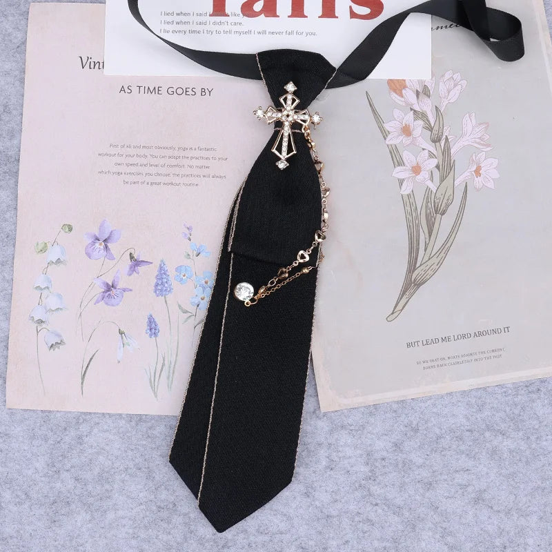 Cravate en ruban noir faite à la main, bijoux en strass cristal, chemises blanches pour hommes, étudiantes, garçons, col, cravates, uniformes, femmes
