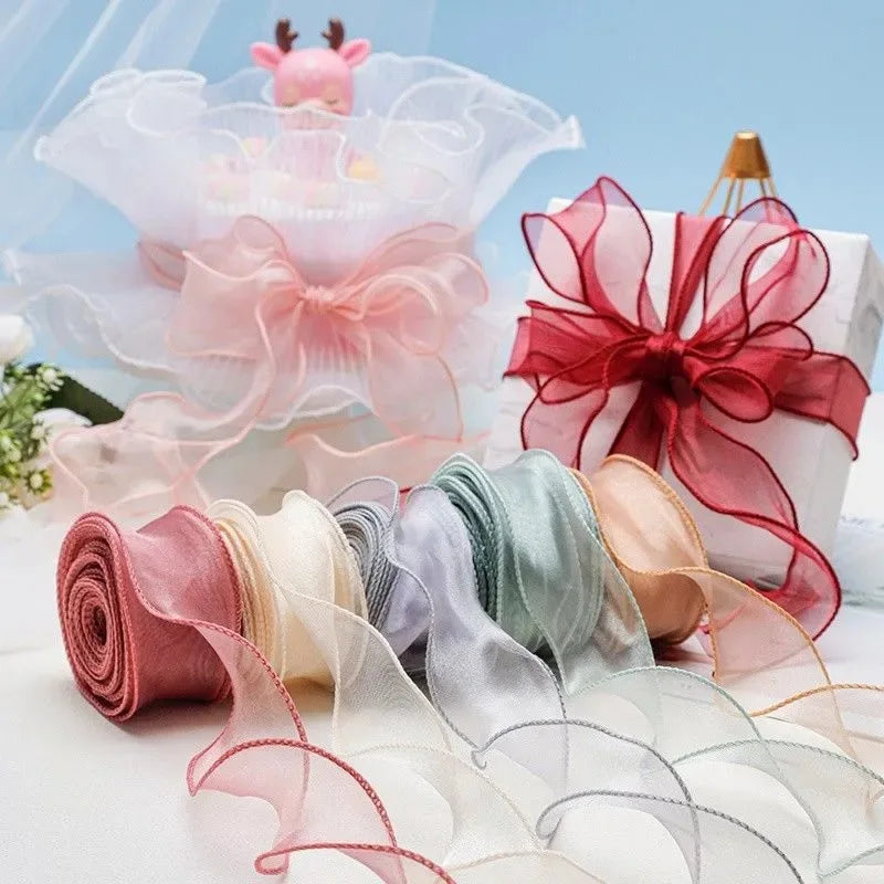 Ruban en organza transparent avec bordure dorée, 10 m, pour emballage cadeau, bouquet de mariée, décoration de Noël