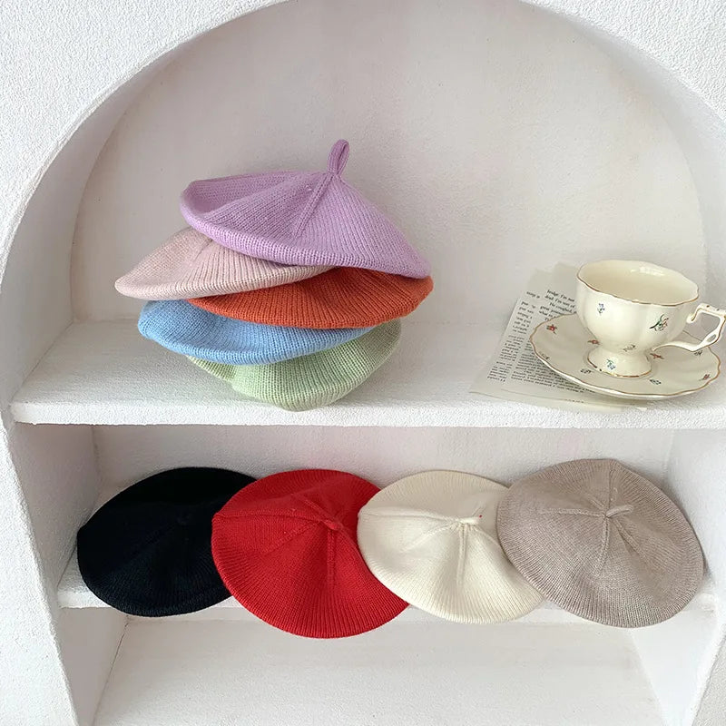 Fashion Baby Knitted Beret Hat Solid Color Children's Warm Hats Autumn Winter Painter Cap For Girls Kids Bonnet Accessories