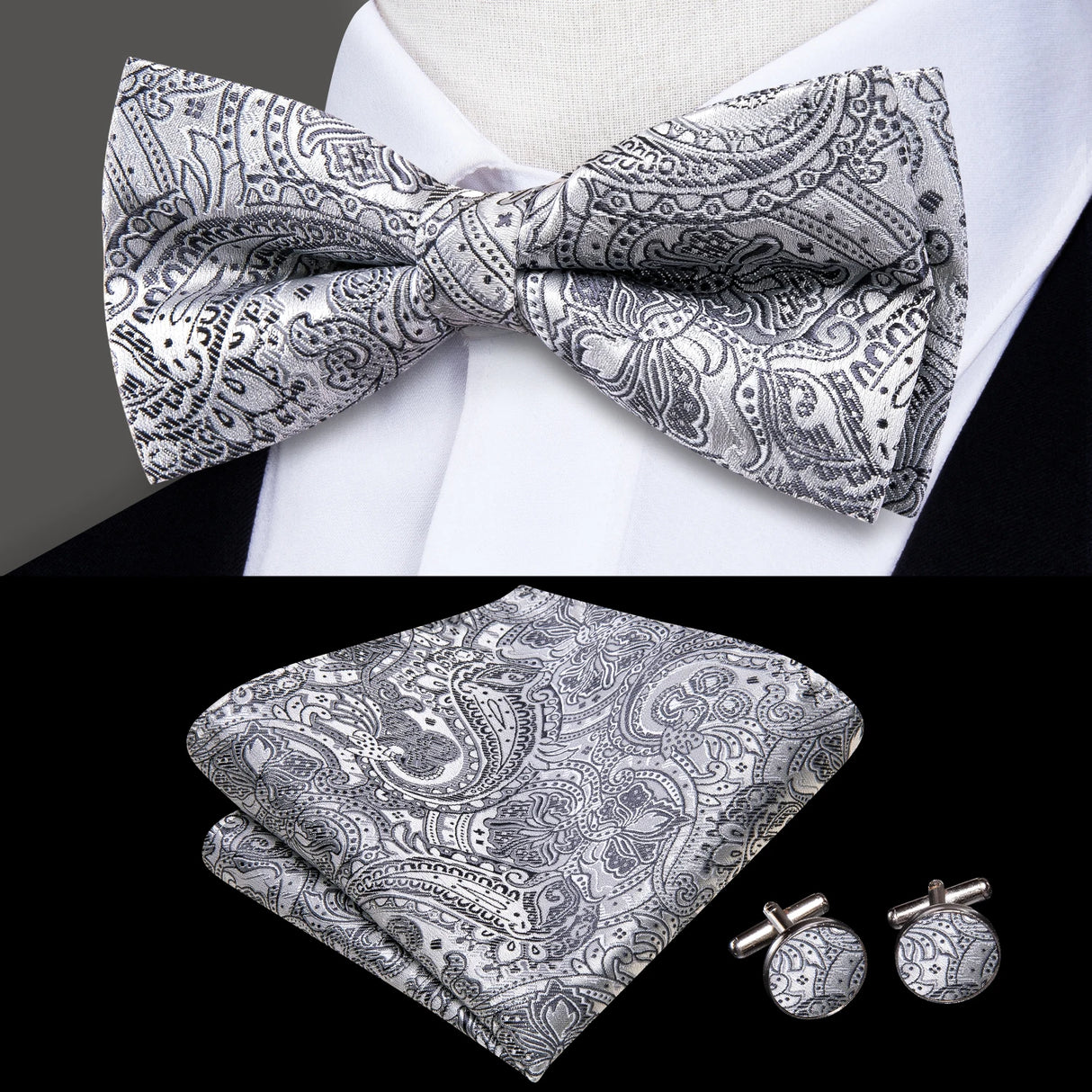 Hi-Tie Marque Soie Pré-noué Homme Nœud Papillon Mouchoir Boutons de Manchette Ensemble Nœud Papillon pour Homme Jacquard Solide Cachemire Floral Mariage Cadeau d'Affaires