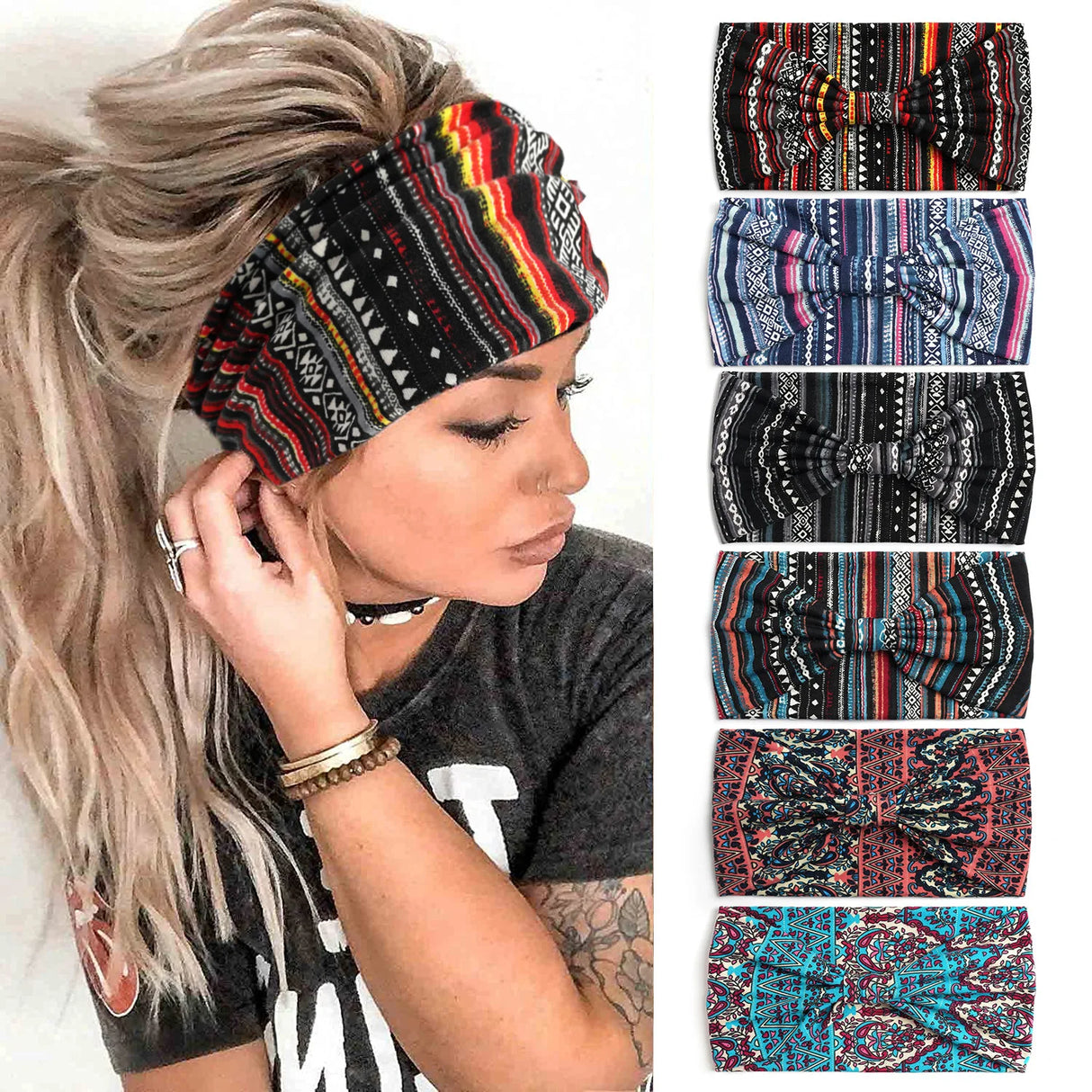 Boho Headbands For Women Fashion Stretch Wide Hair Bands Knoted Turban Yoga Sweatband Elastic Head Bands Stylish Wrap Headbands