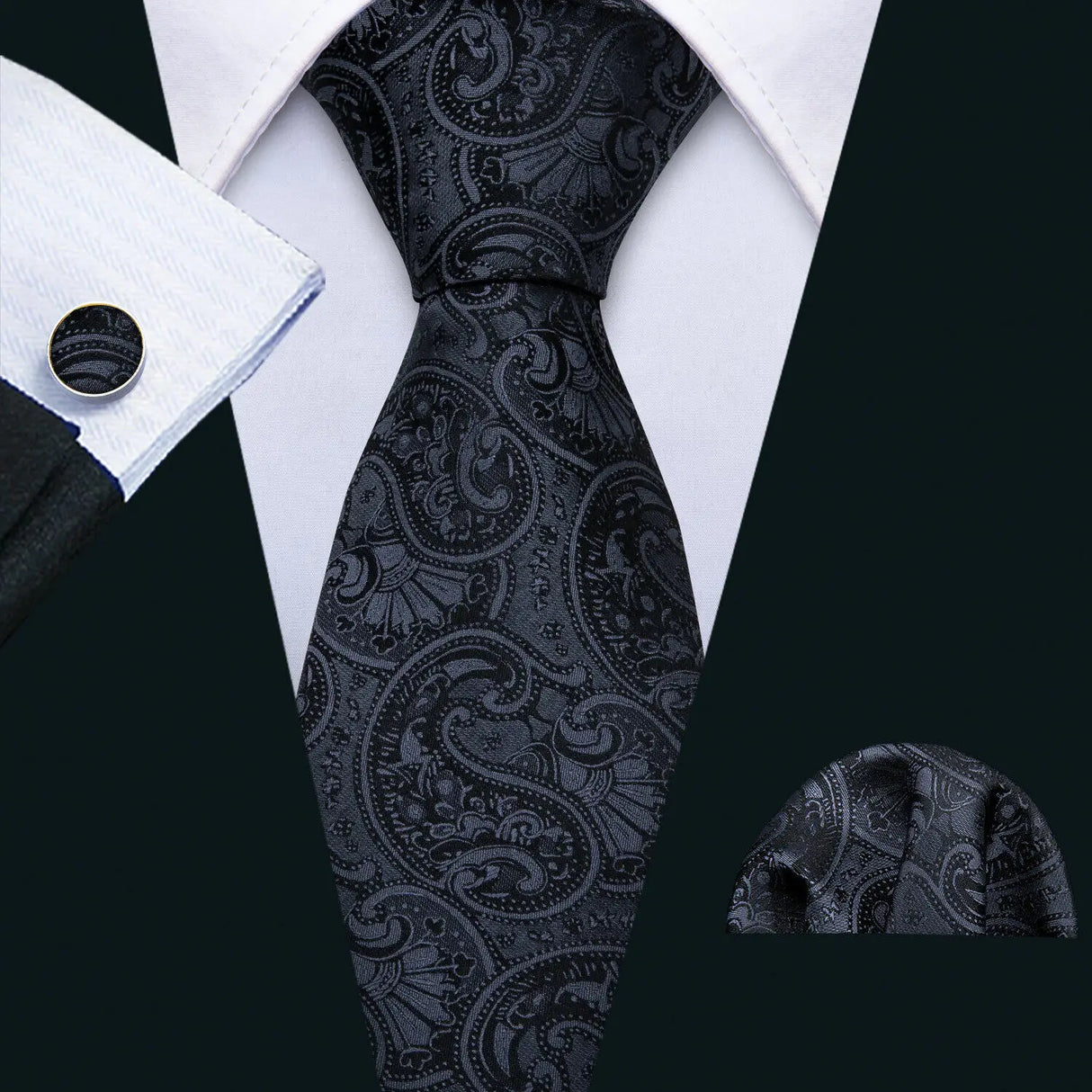 Cravates en soie noire pour hommes, classiques, solides, tissées de haute qualité, avec pochette et boutons de manchette, pour soirées formelles, design Barry.Wang