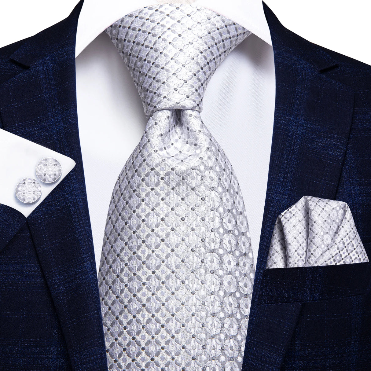 Cravate Hi-Tie blanche et noire à rayures pour homme, couleur unie, en soie, pour mariage, mouchoir, boutons de manchette, créateur de mode, livraison directe