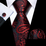 Barry.Wang Ensemble cravate et boutons de manchette en soie pour homme, motif jacquard, rouge, bordeaux, rose, pour mariage, affaires, fête