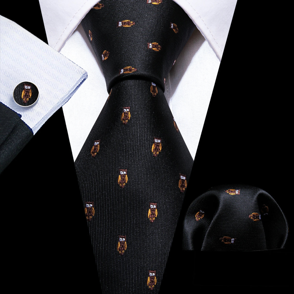 Cravates en soie noire pour hommes, classiques, solides, tissées de haute qualité, avec pochette et boutons de manchette, pour soirées formelles, design Barry.Wang