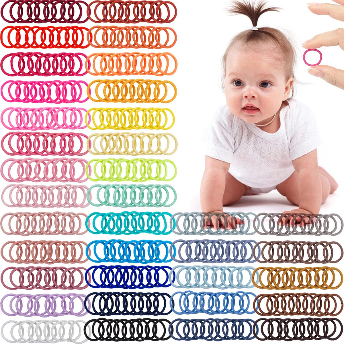 Lot de 100 élastiques à cheveux pour bébé, 36 élastiques multicolores de 2 cm de diamètre, sans plis, en caoutchouc, pour queue de cheval, petits et fins